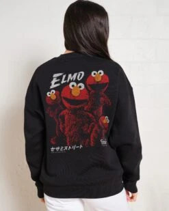 Sesame Street Tokyo Elmo Front And Back Sweatshirt -Threadheads Clothing Black Jumper Women Back 302d8739 e4d6 47b8 851a e64ad8986452