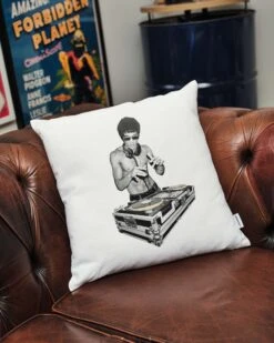 DJ Bruce Lee Cushion -Threadheads Clothing White Ecom 60a30458 4274 481f a84e ac22d39b99d6